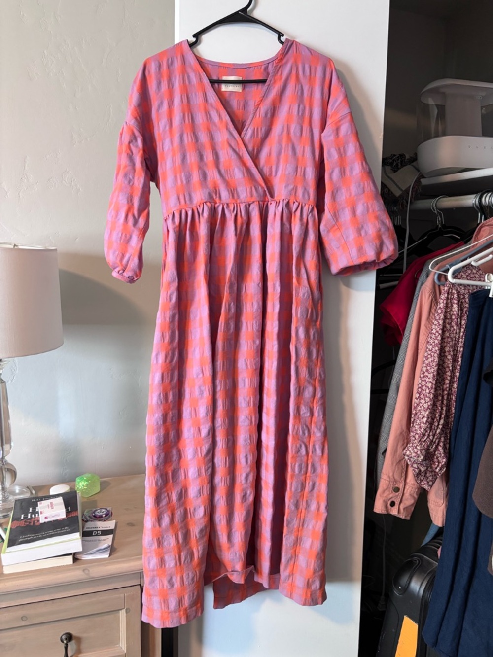 Women's Pink and Coral Check Midi Dress - OffOn